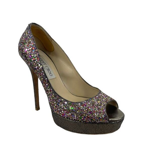 Jimmy Choo Rainbow Glitter Peep Toe Platform Pumps Size 37 - Picture 3 of 13